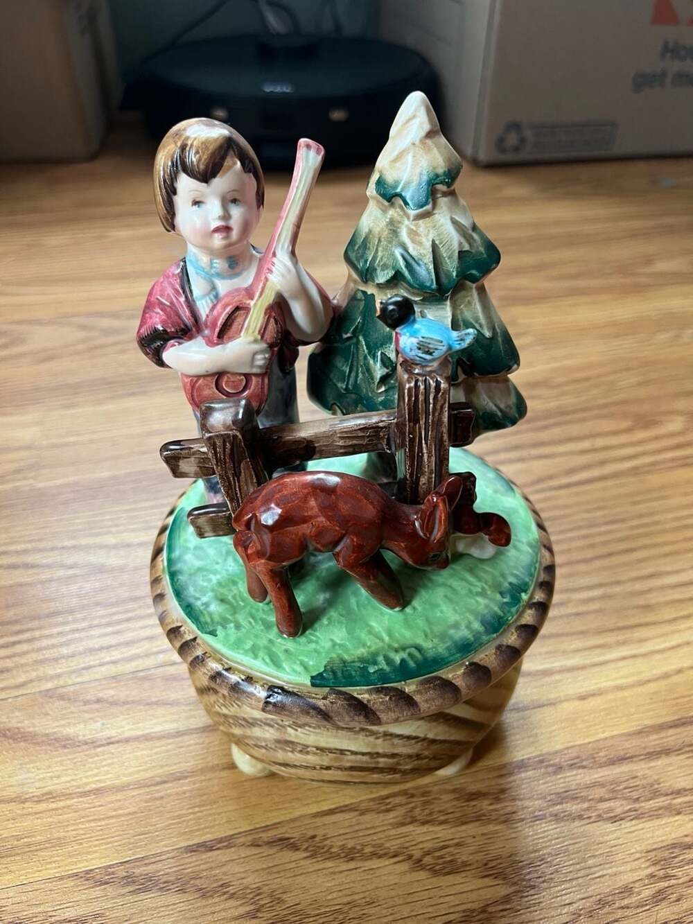 Vintage Ceramic Boy with Guitar and Deer Music Box Figurine